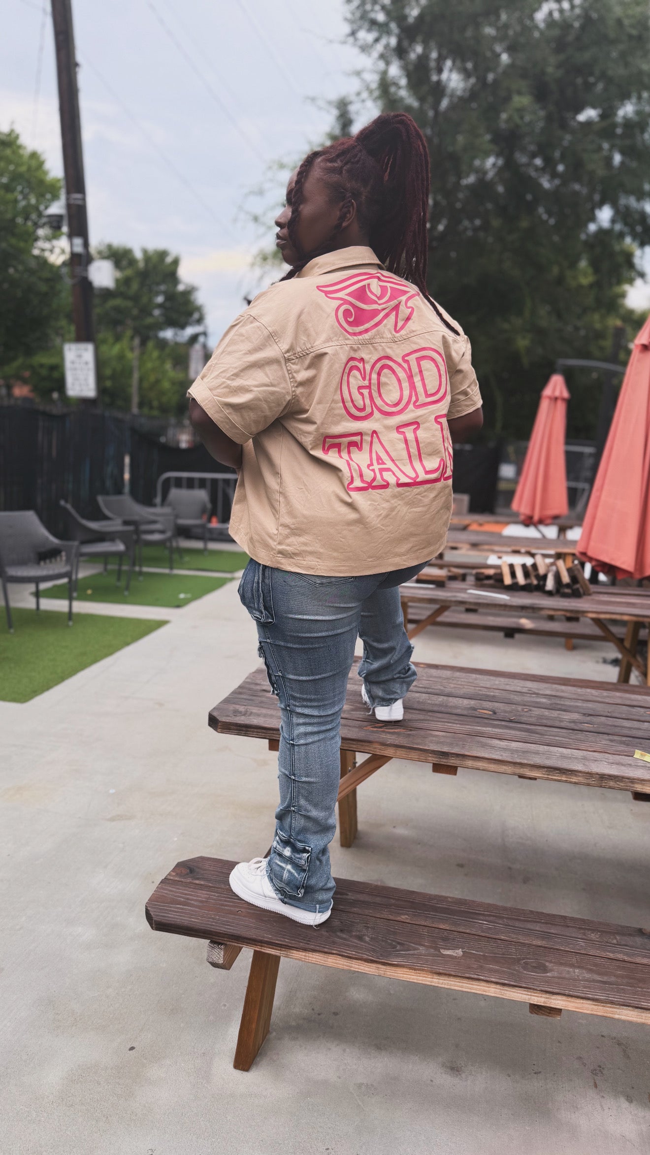 GOD TALK™ “Aligned” Oversized Shirt (Tan & Pink)
