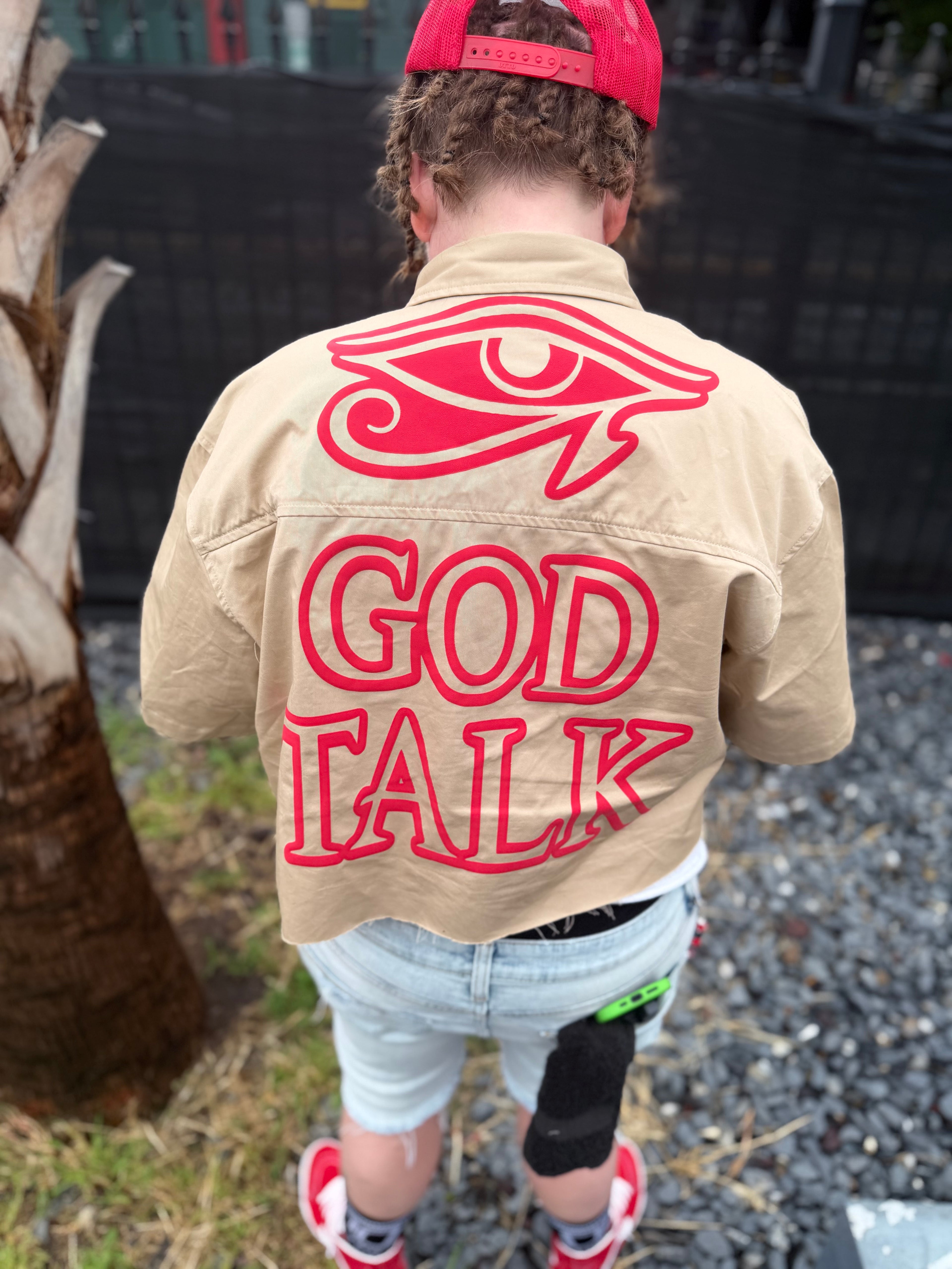 GOD TALK™ “Aligned” Oversized Shirt (Tan & Red)